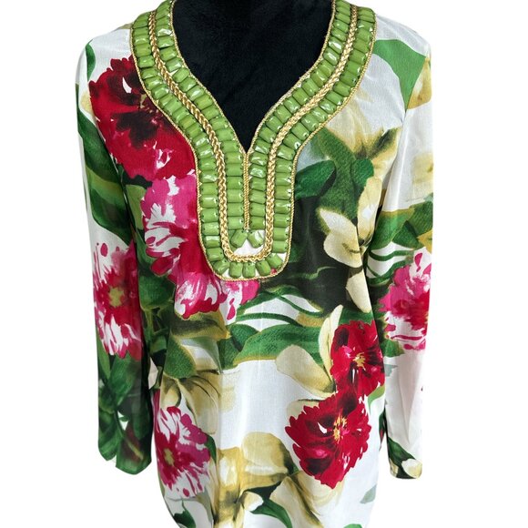 Carmen Small Sheer Green & Pink Sheer Floral 3/4 Sleeve Beaded Blouse - Picture 1 of 4